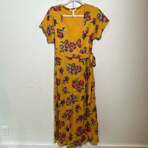 Matilda Jane floral cotton yellow wrap dress size large boho summer maxi small‎